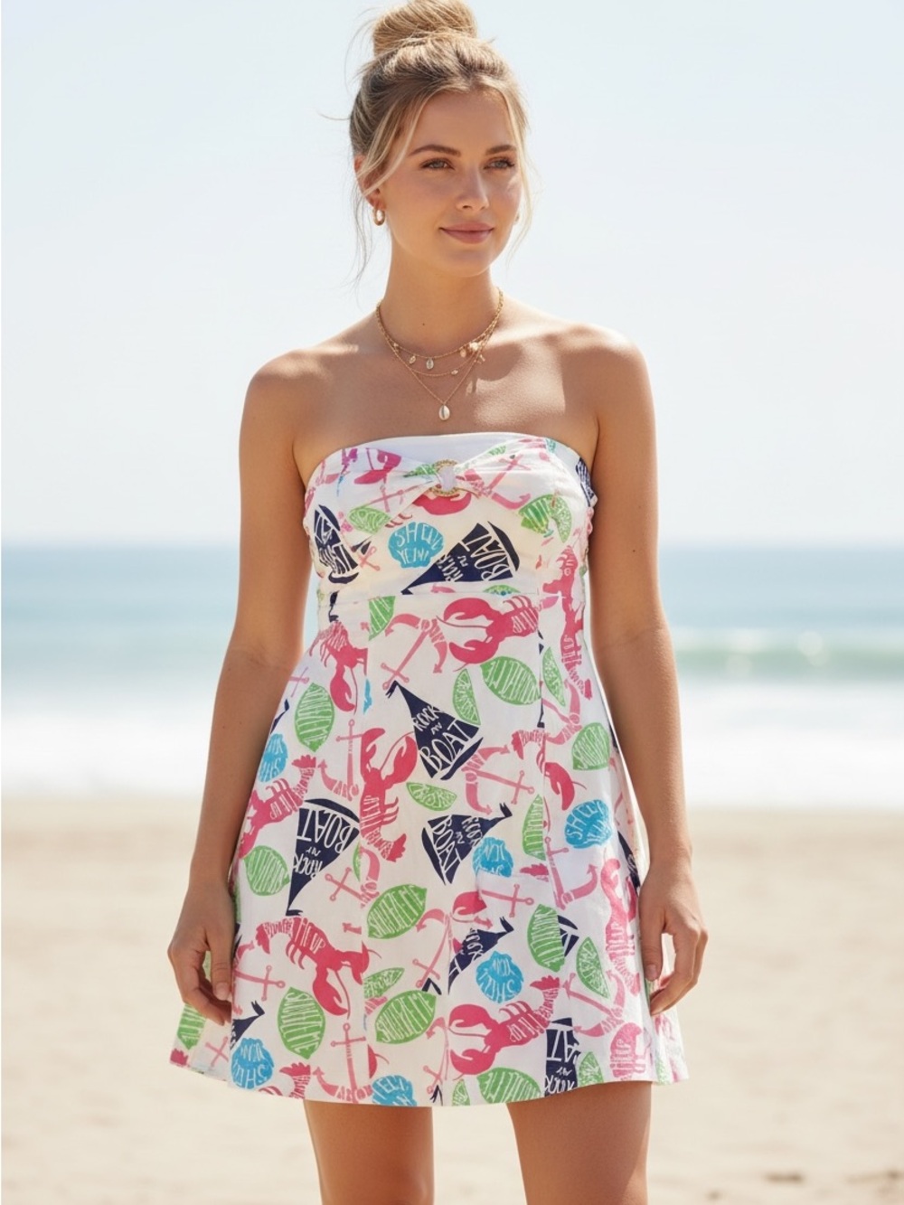 Lilly Pulitzer Strapless Boned Nautical Lobster Print Dress Back Gold Ring Small